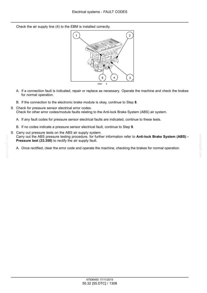 May include: Diagram of an electrical system with fault codes, including a detailed illustration of a component labeled with numbers 1-5. Text instructions provide troubleshooting steps for the system.