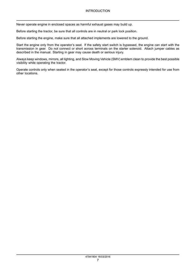 Puede incluir: Una p&aacute;gina de manual titulada "INTRODUCCI&Oacute;N" con instrucciones de seguridad para operar un tractor. El texto incluye advertencias y pautas de seguridad para el operador.