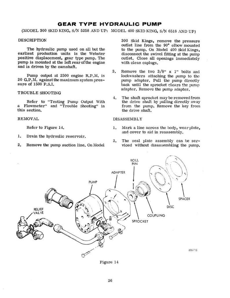 May include: An exploded diagram of a gear-type hydraulic pump, with labels for components like the relief valve, pump, adapter, sprocket, and disc. Text details the pump's function and removal instructions.