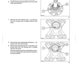 May include: A technical manual page titled SECTION 44 - AXLES AND WHEELS, featuring three black and white line drawings of mechanical axle components labeled with numbered callouts and instructional text for removing seals and bearings.