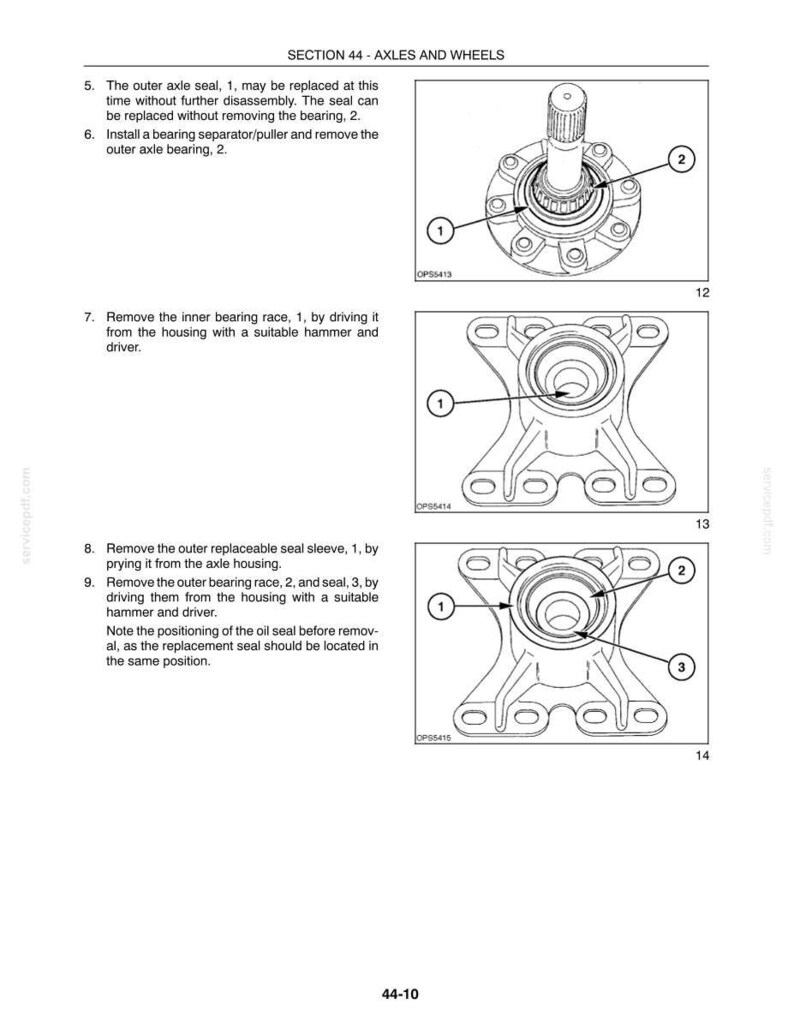 May include: A technical manual page titled SECTION 44 - AXLES AND WHEELS, featuring three black and white line drawings of mechanical axle components labeled with numbered callouts and instructional text for removing seals and bearings.