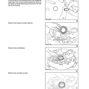 May include: Page from a manual with the title "SECTION 21 - POWERSHIFT." The page includes diagrams and instructions for disassembling a converter housing. The diagrams show the removal of parts such as the hexagonal head plug, torque converter bearing, oil distributor, and oil seal.