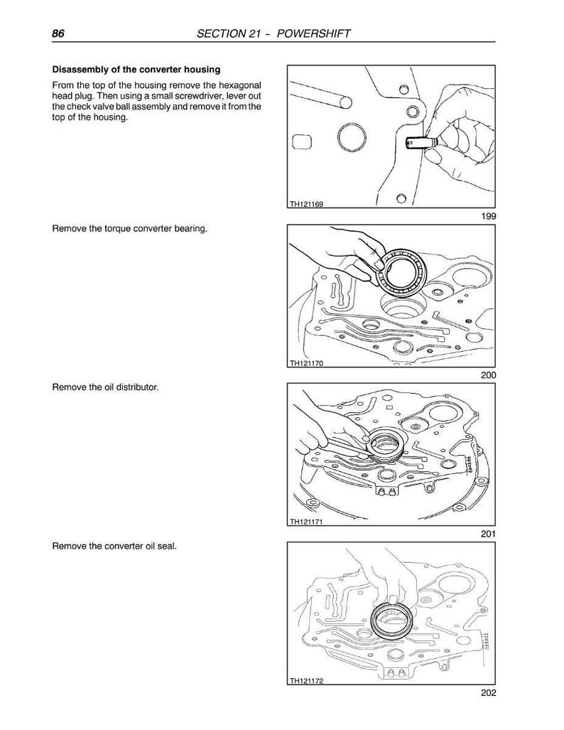 May include: Page from a manual with the title "SECTION 21 - POWERSHIFT." The page includes diagrams and instructions for disassembling a converter housing. The diagrams show the removal of parts such as the hexagonal head plug, torque converter bearing, oil distributor, and oil seal.