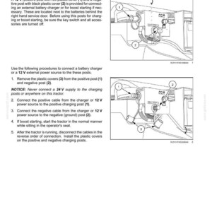 May include: A technical manual page titled 7-MAINTENANCE, Battery charging post. It features two black and white line drawings showing a 12 V positive post with a red cover and a negative post with a black cover, labelled 1, 2, and 3, with instructions.