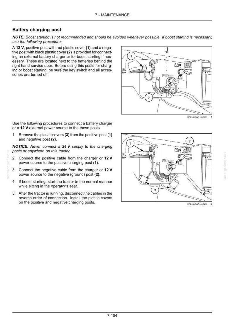 May include: A technical manual page titled 7-MAINTENANCE, Battery charging post. It features two black and white line drawings showing a 12 V positive post with a red cover and a negative post with a black cover, labelled 1, 2, and 3, with instructions.