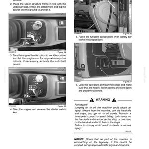May include: A page from an operating manual with instructions for parking a machine. The manual includes diagrams of the machine's controls and safety warnings about fall hazards. The text is in black font on a white background.
