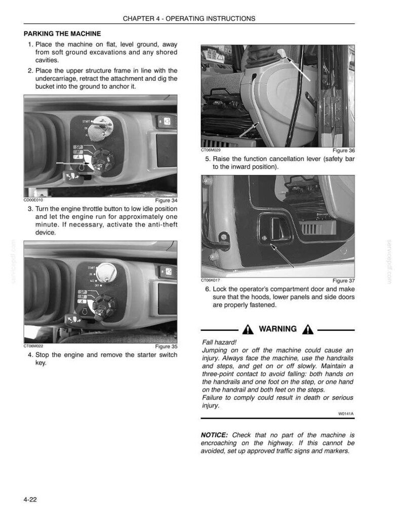 May include: A page from an operating manual with instructions for parking a machine. The manual includes diagrams of the machine's controls and safety warnings about fall hazards. The text is in black font on a white background.