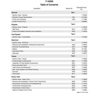 May include: A service manual for the 1150H Crawler, featuring a table of contents. The manual includes sections on general information, engines, fuel systems, electrical components, tracks, and the power train. The manual is from Case Corporation.