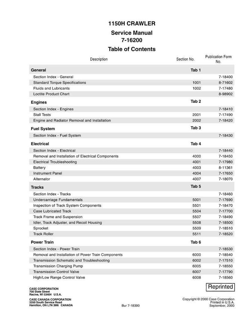 May include: A service manual for the 1150H Crawler, featuring a table of contents. The manual includes sections on general information, engines, fuel systems, electrical components, tracks, and the power train. The manual is from Case Corporation.