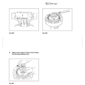 May include: Technical diagram from a manual showing transmission components. The image includes line drawings of mechanical parts, with labels and measurements. The text includes instructions for installation and maintenance, with a torque specification of 65.7 kgm.