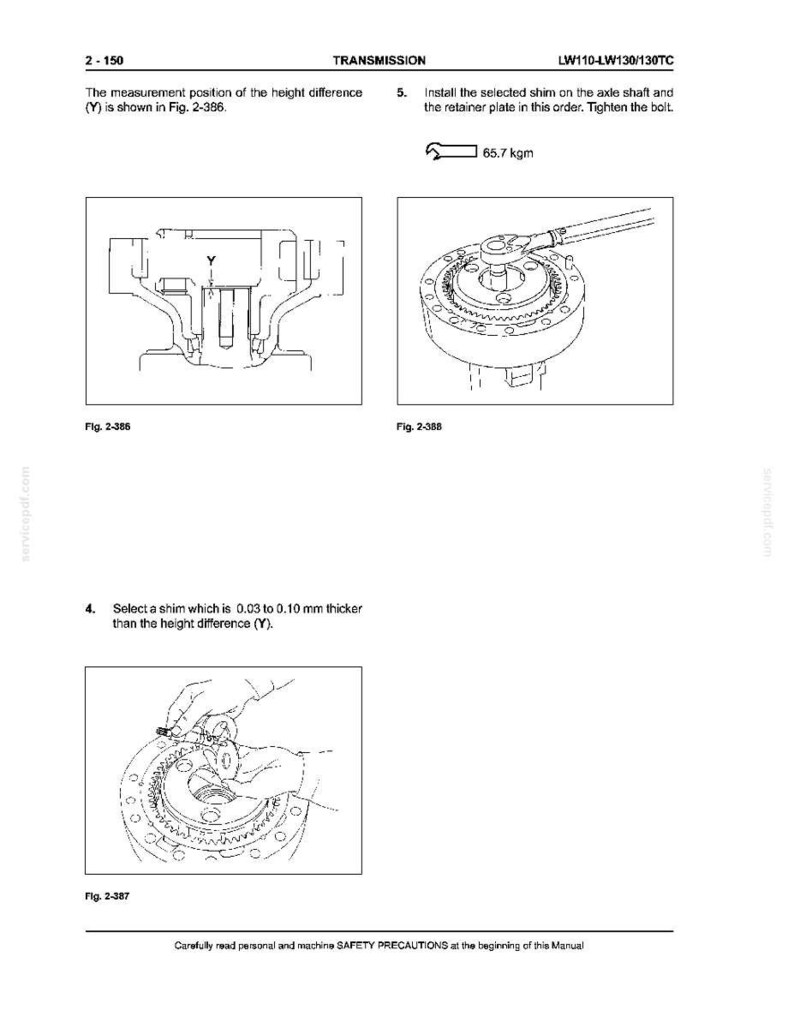 May include: Technical diagram from a manual showing transmission components. The image includes line drawings of mechanical parts, with labels and measurements. The text includes instructions for installation and maintenance, with a torque specification of 65.7 kgm.