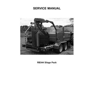 May include: Black and white image of a service manual for a Case IH RB344 Silage Pack. The Case IH logo is at the top, with the words "SERVICE MANUAL" below it. The silage pack is in the center of the image.