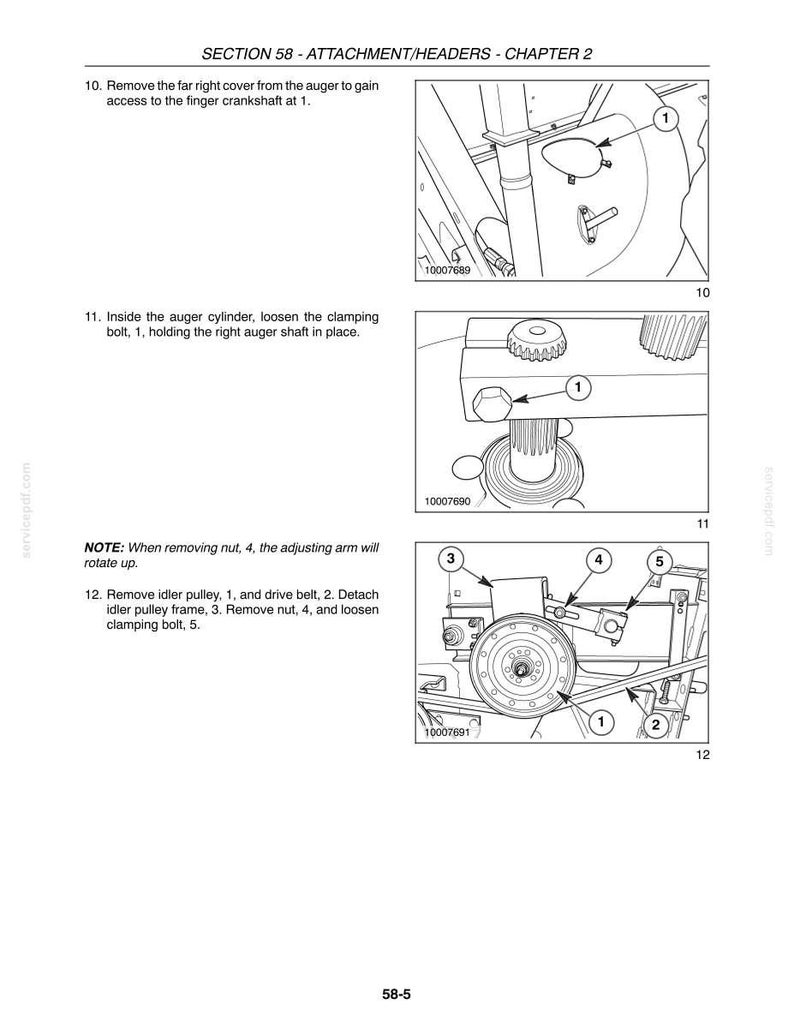 May include: A technical manual page titled SECTION 58 - ATTACHMENT/HEADERS - CHAPTER 2, featuring three black and white line drawings labeled 10, 11, and 12. These diagrams illustrate mechanical assembly steps with numbered components and instructional text.