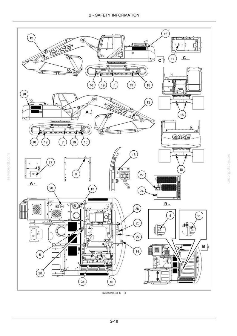 May include: Diagram of a CASE excavator with labeled parts, including the boom, cab, and undercarriage. The diagram is labeled with numbers and letters for reference. The text "2 - SAFETY INFORMATION" is at the top.