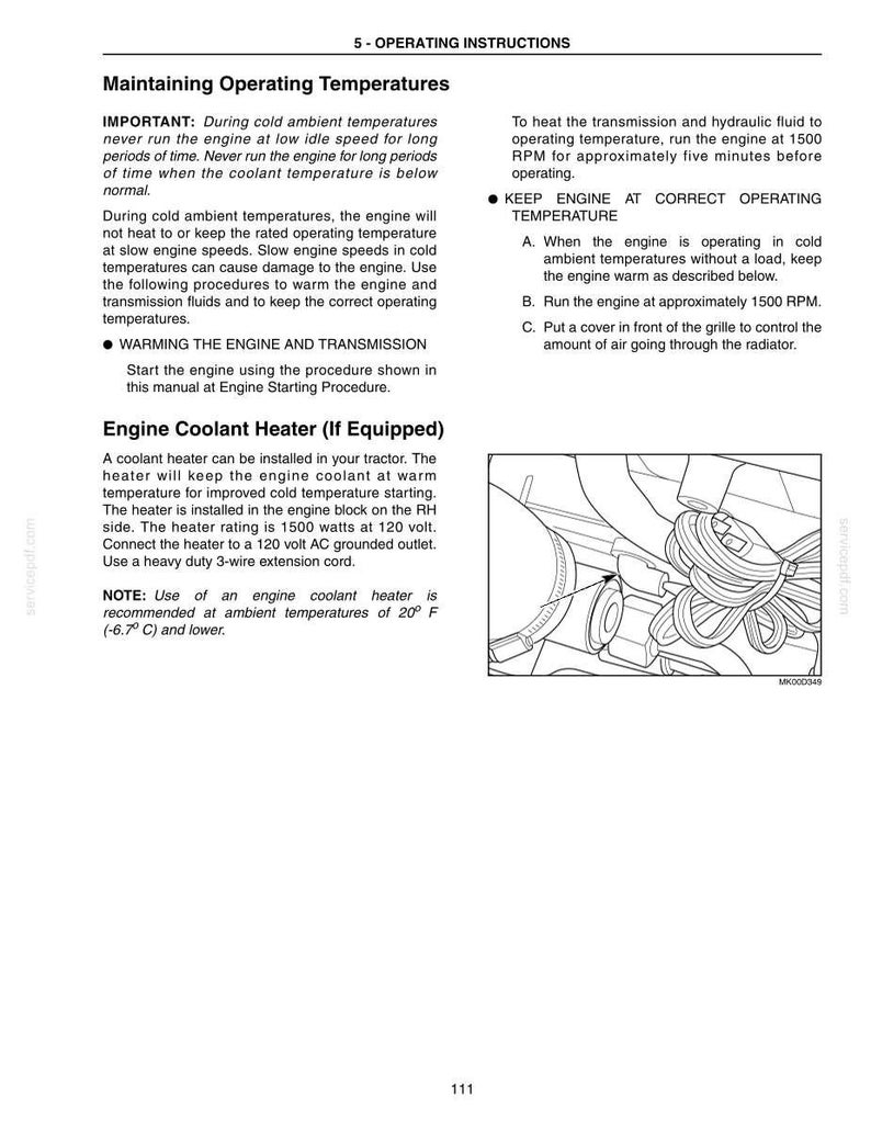 Pu&ograve; includere: Una pagina intitolata 5-OPERATING INSTRUCTIONS contenente testo sul mantenimento delle temperature operative e sui riscaldatori del liquido di raffreddamento. Include un disegno al tratto in bianco e nero di un componente.