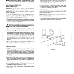 May include: A technical manual page titled 4 MAINTENANCE AND LUBRICATION containing instructions for tractor care, including battery, light, and belt maintenance. It features a black and white line drawing labeled FIG. 4.1A showing an oil drain cap.