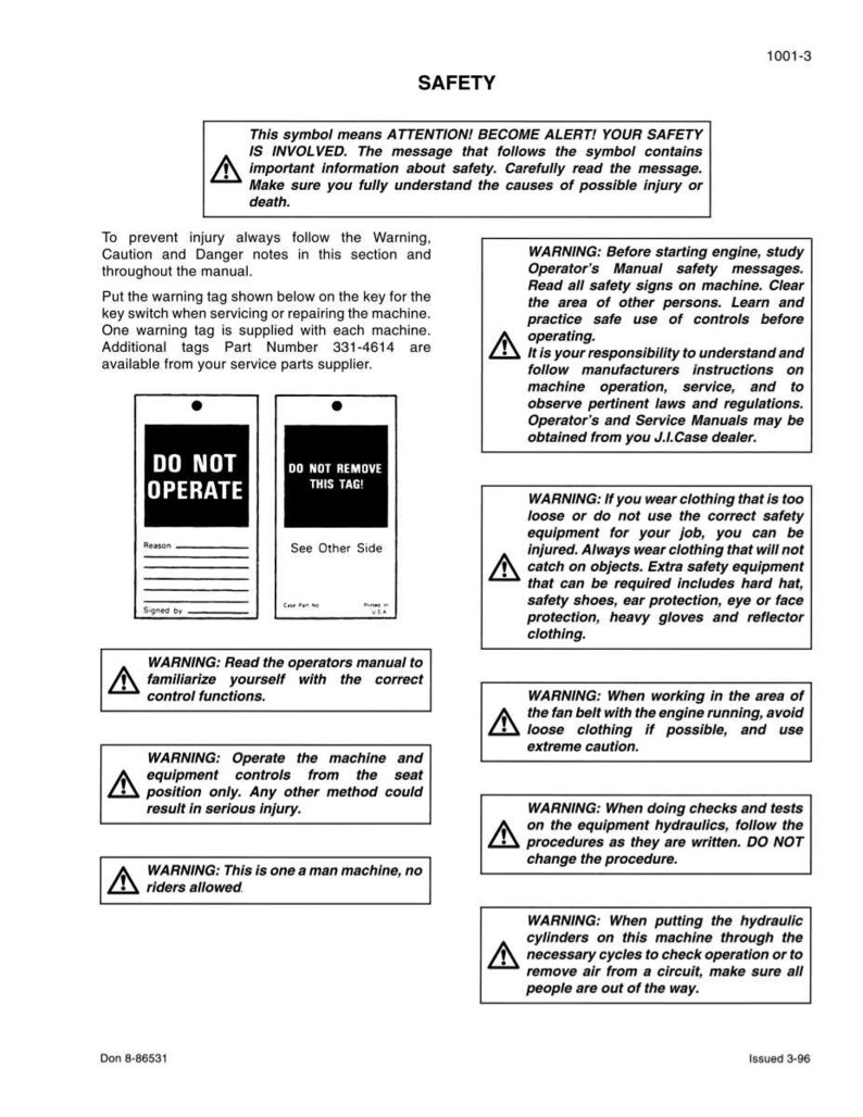 Pu&ograve; includere: Una pagina del manuale di sicurezza con avvertenze e istruzioni. Include un'etichetta "Non azionare" e simboli di sicurezza. Il testo descrive il funzionamento della macchina, le precauzioni di sicurezza e l'importanza di seguire le linee guida.