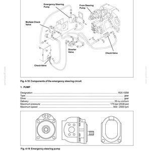May include: Diagram of an emergency steering system, including an emergency steering pump, check valves, and a diverter valve. The diagram includes text labels and specifications for the pump, such as maximum pressure at 2538 psi.