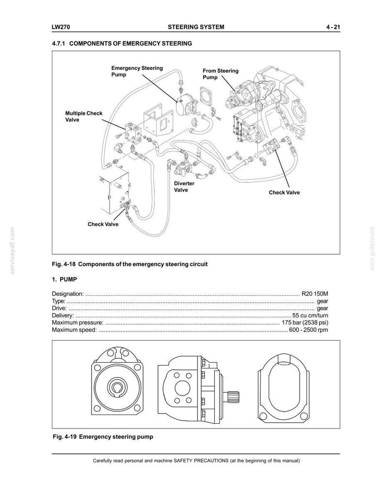 May include: Diagram of an emergency steering system, including an emergency steering pump, check valves, and a diverter valve. The diagram includes text labels and specifications for the pump, such as maximum pressure at 2538 psi.