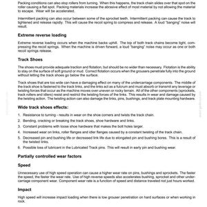 May include: A page from a manual detailing working operations, including extreme reverse loading and track shoe effects. The text describes potential wear and damage to machinery components, with a focus on speed and impact.