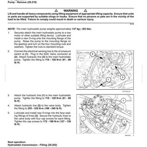 May include: A technical document page titled Pump - Install, featuring black and white line drawings of hydrostatic pump components. The text includes safety warnings, installation steps, and torque specifications in N-m and lb ft units.