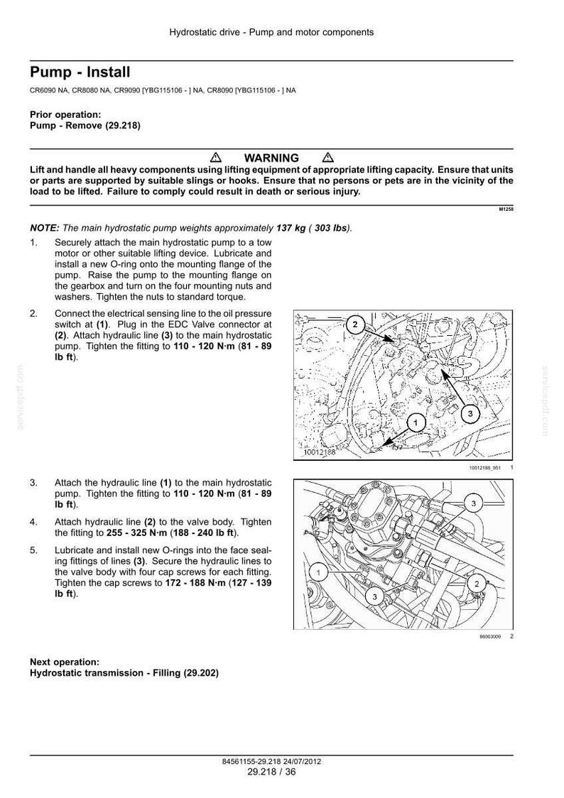 May include: A technical document page titled Pump - Install, featuring black and white line drawings of hydrostatic pump components. The text includes safety warnings, installation steps, and torque specifications in N-m and lb ft units.
