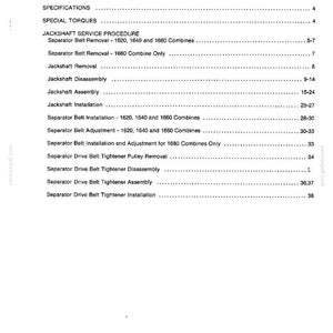 May include: A printed page titled "TABLE OF CONTENTS" from a manual. The page lists various procedures and topics, including "Jackshaft Service Procedure" and "Separator Belt Removal." The document is printed in the USA.