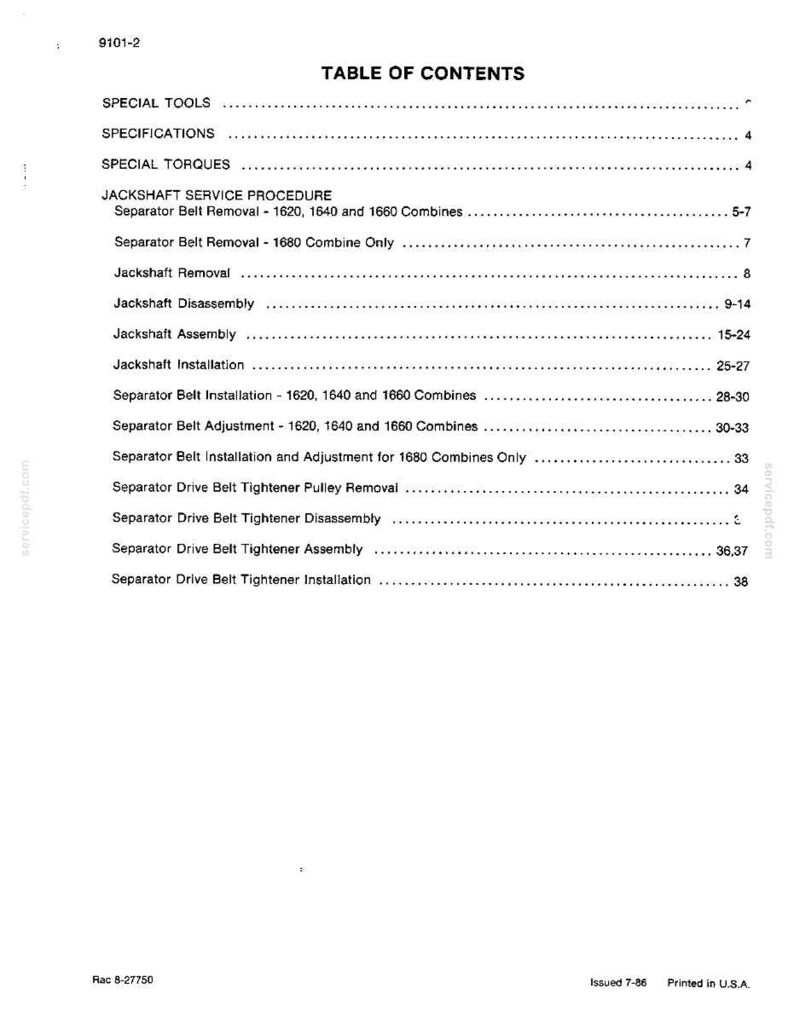 May include: A printed page titled "TABLE OF CONTENTS" from a manual. The page lists various procedures and topics, including "Jackshaft Service Procedure" and "Separator Belt Removal." The document is printed in the USA.