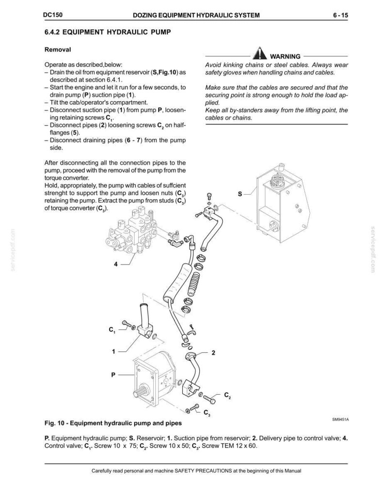 May include: Diagram of a hydraulic pump system with labeled components, including a reservoir, suction pipe, and control valve. The image includes a warning about safety when handling chains and cables. Text includes "Equipment Hydraulic Pump" and "Dozing Equipment Hydraulic System."