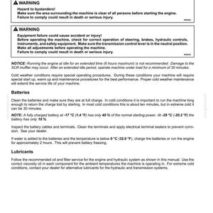 Puede incluir: Una p&aacute;gina de instrucciones de funcionamiento titulada Cold temperature operation, que detalla advertencias de seguridad, l&iacute;mites de ralent&iacute; del motor, mantenimiento de bater&iacute;as en climas fr&iacute;os y requisitos de lubricantes para maquinaria.
