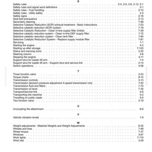 May include: A detailed page from a manual, featuring a table of contents with various technical terms and page numbers. The text is in black against a white background, covering topics like safety rules and transmission controls.