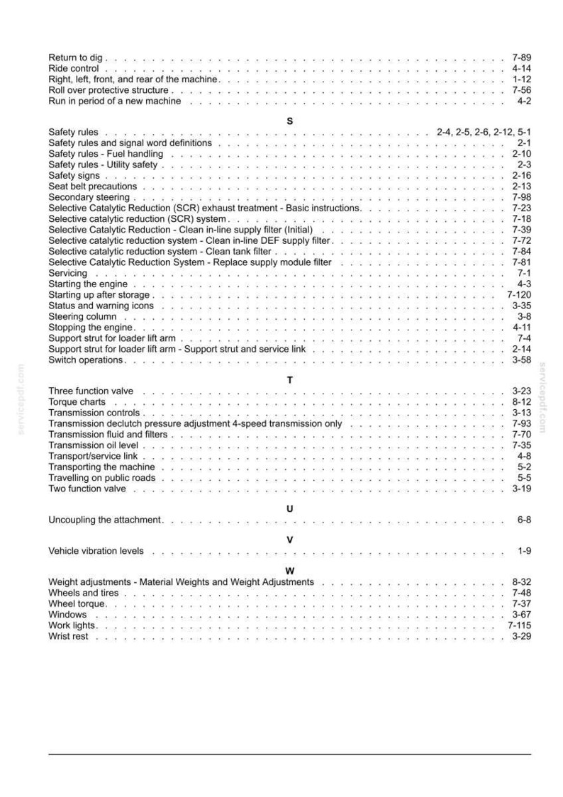 May include: A detailed page from a manual, featuring a table of contents with various technical terms and page numbers. The text is in black against a white background, covering topics like safety rules and transmission controls.