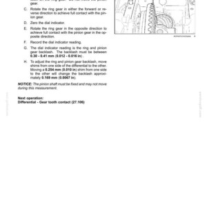 May include: Diagram showing a rear axle system with instructions for adjusting ring and pinion backlash. Includes a dial indicator and measurements in mm and inches. Text includes "Rear bevel gear set and differential".