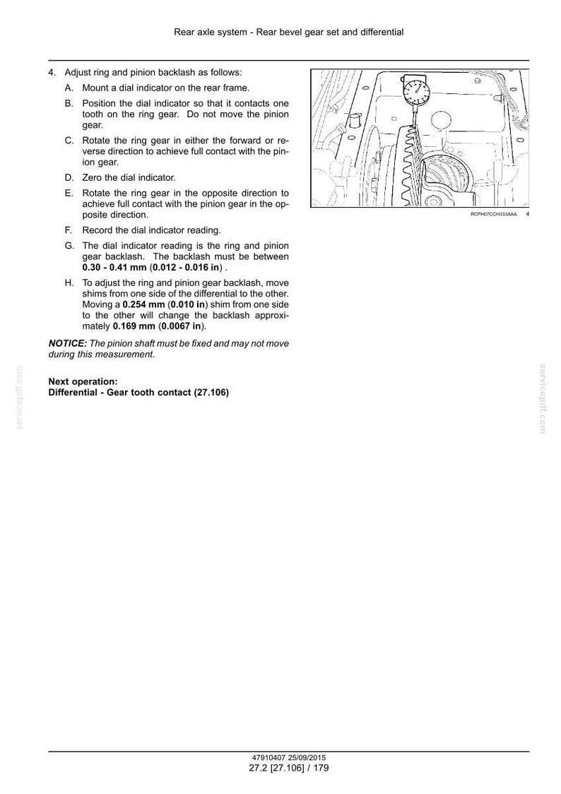 May include: Diagram showing a rear axle system with instructions for adjusting ring and pinion backlash. Includes a dial indicator and measurements in mm and inches. Text includes "Rear bevel gear set and differential".