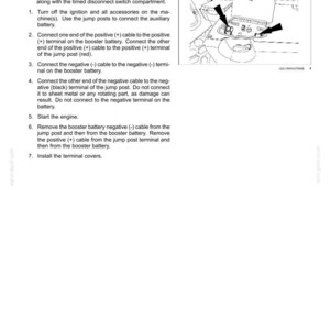 Puede incluir: Una p&aacute;gina de manual t&eacute;cnico titulada 7-MAINTENANCE Jump post, con un dibujo lineal en blanco y negro de un compartimento de m&aacute;quina con dos flechas que se&ntilde;alan los bornes de arranque. El texto detalla c&oacute;mo conectar bater&iacute;as auxiliares.