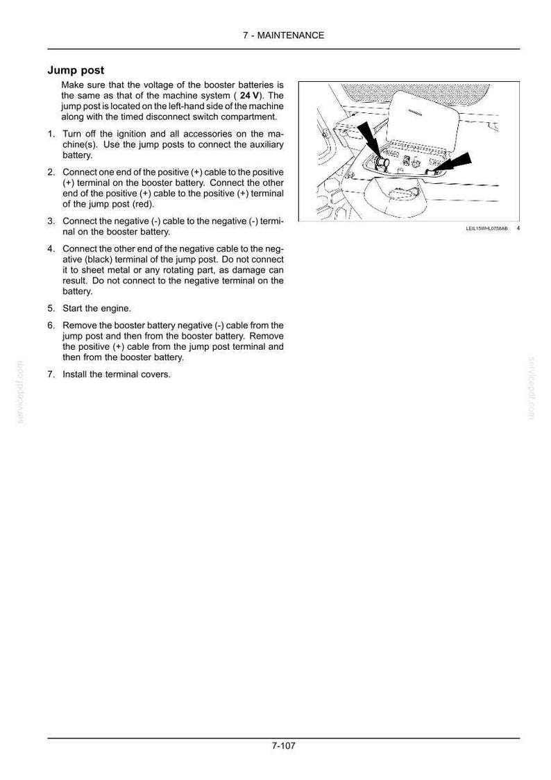 Puede incluir: Una p&aacute;gina de manual t&eacute;cnico titulada 7-MAINTENANCE Jump post, con un dibujo lineal en blanco y negro de un compartimento de m&aacute;quina con dos flechas que se&ntilde;alan los bornes de arranque. El texto detalla c&oacute;mo conectar bater&iacute;as auxiliares.