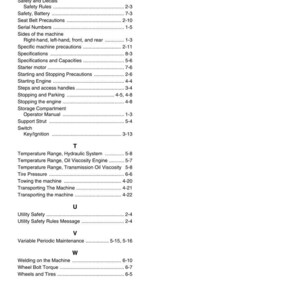 May include: A page from a manual with the title "CHAPTER 9 - INDEX" at the top. The index lists various topics, including safety, starting procedures, and maintenance, with corresponding page numbers. The text is black on a white background.