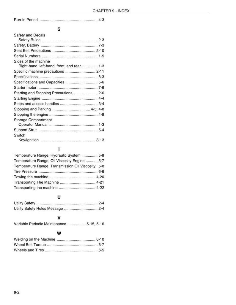 May include: A page from a manual with the title "CHAPTER 9 - INDEX" at the top. The index lists various topics, including safety, starting procedures, and maintenance, with corresponding page numbers. The text is black on a white background.