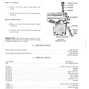 May include: A detailed diagram of a mechanical component, likely for a tractor or similar machinery, with labels for various parts like the detent plug, O-ring, spring, and piston. The diagram includes specifications and tool listings.
