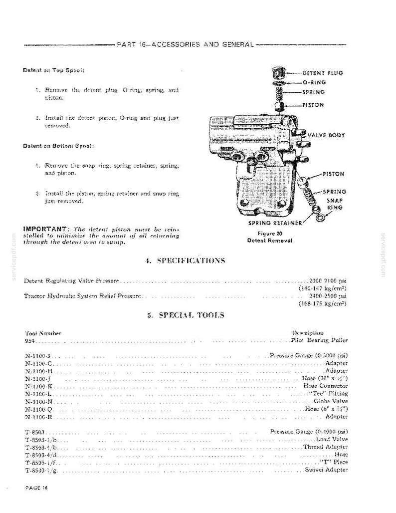 May include: A detailed diagram of a mechanical component, likely for a tractor or similar machinery, with labels for various parts like the detent plug, O-ring, spring, and piston. The diagram includes specifications and tool listings.