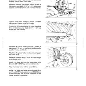 May include: A technical manual page titled Section 39 - Frames - Chapter 3, featuring installation instructions for machinery. It includes three black and white line drawings labeled 7, 8, and 9, showing mechanical components, bolts, and assembly steps.