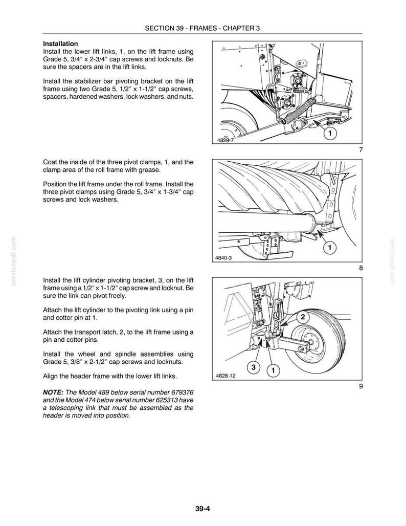 May include: A technical manual page titled Section 39 - Frames - Chapter 3, featuring installation instructions for machinery. It includes three black and white line drawings labeled 7, 8, and 9, showing mechanical components, bolts, and assembly steps.