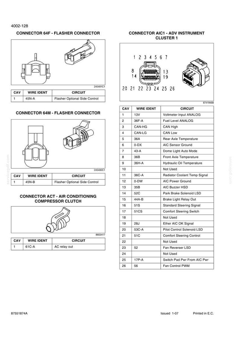 May include: Diagram of automotive electrical connectors and circuits, including flasher connectors, an instrument cluster, and an air conditioning compressor clutch. The image includes connector pinouts and circuit descriptions for various automotive systems.