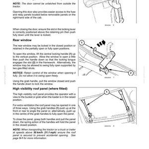 May include: A technical manual page titled 3-CONTROLS AND INSTRUMENTS featuring black and white line drawings of tractor cab components. Diagrams illustrate the right-hand access door, rear window locking mechanism, and high visibility roof panel.
