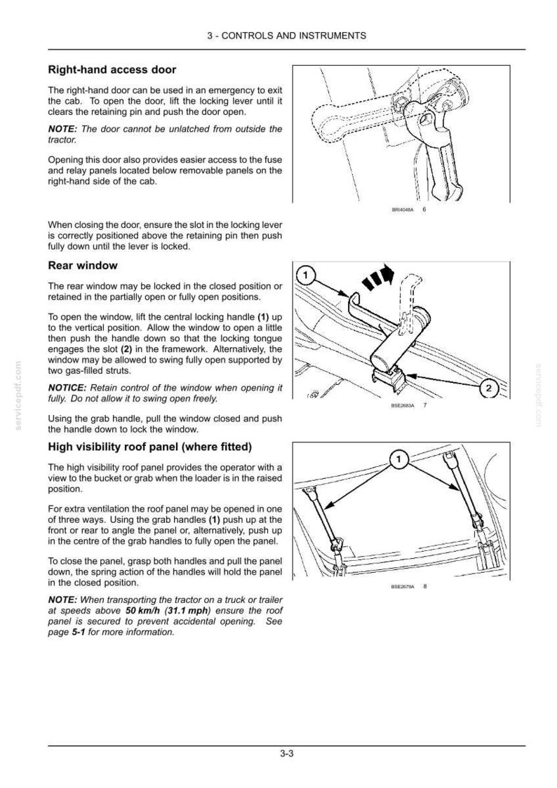 May include: A technical manual page titled 3-CONTROLS AND INSTRUMENTS featuring black and white line drawings of tractor cab components. Diagrams illustrate the right-hand access door, rear window locking mechanism, and high visibility roof panel.