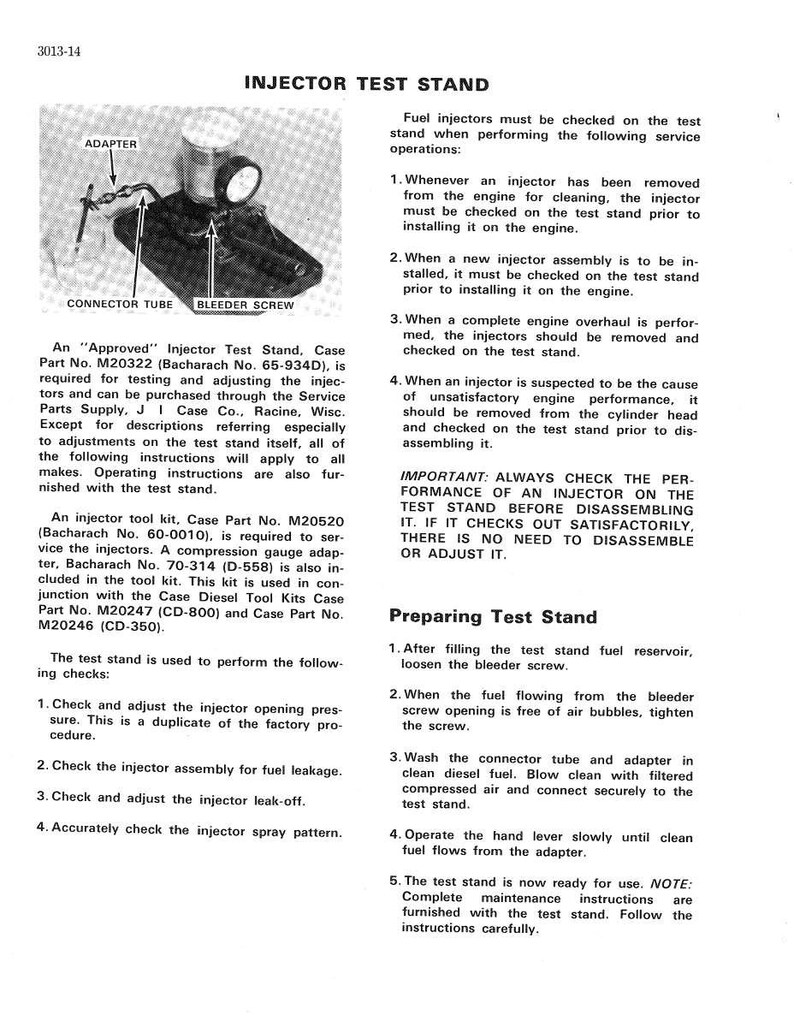 May include: Injector test stand with adapter, connector tube, and bleeder screw. The stand is used to check fuel injectors. Text on the page includes instructions for use and maintenance. The stand is black and silver.