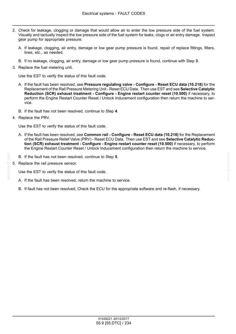 May include: Document titled "Electrical systems - FAULT CODES" with numbered steps for troubleshooting. Instructions include checking for leaks, replacing parts, and using EST to verify status. Text includes technical terms and codes.
