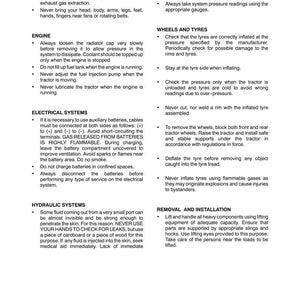 May include: Page from a manual with safety instructions for a tractor. The text covers topics like engine start-up, electrical systems, hydraulic systems, and tire maintenance. Includes warnings about flammable gases and potential injuries.