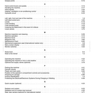 May include: A page from a manual, showing a table of contents with headings and page numbers. Sections include "Fuse box", "Hand signals", and "Machine operation". The text is black on a white background.