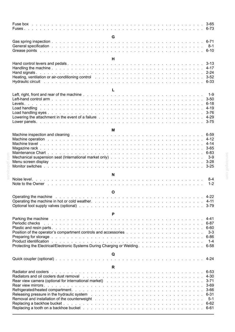May include: A page from a manual, showing a table of contents with headings and page numbers. Sections include "Fuse box", "Hand signals", and "Machine operation". The text is black on a white background.